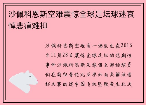 沙佩科恩斯空难震惊全球足坛球迷哀悼悲痛难抑 沙佩科恩斯空难震惊全球足坛球迷哀悼悲痛难抑
